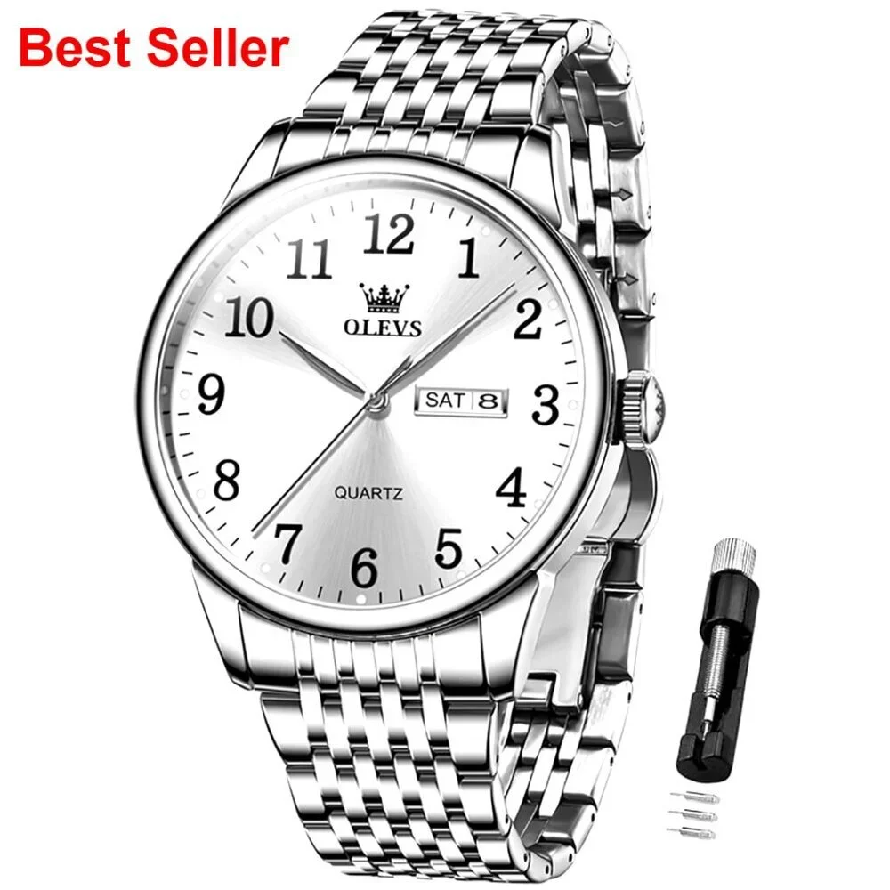 Stainless Steel Men's Dress Watch with Day Date Analog Quartz Waterproof